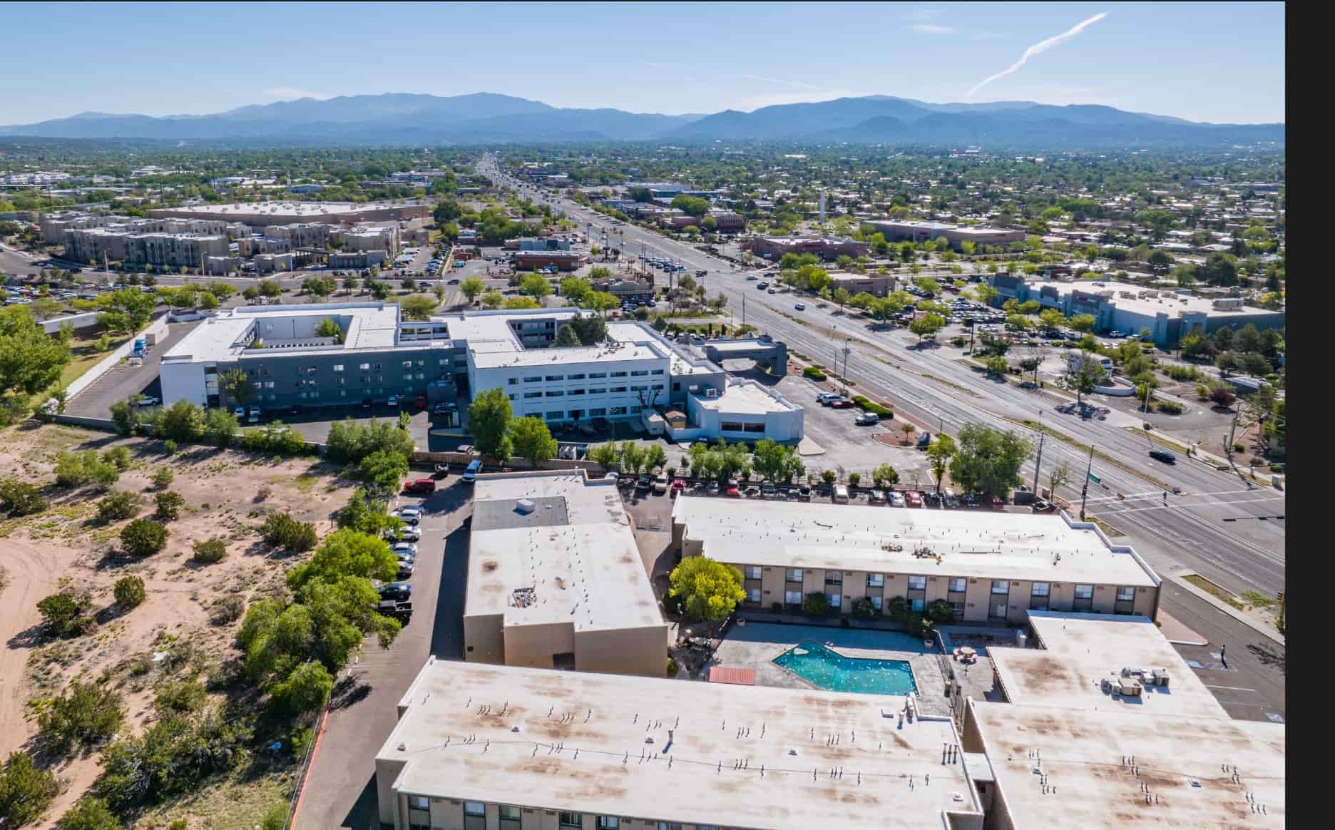 Aerial view of businesses and commercial areas across Santa Fe, New Mexico